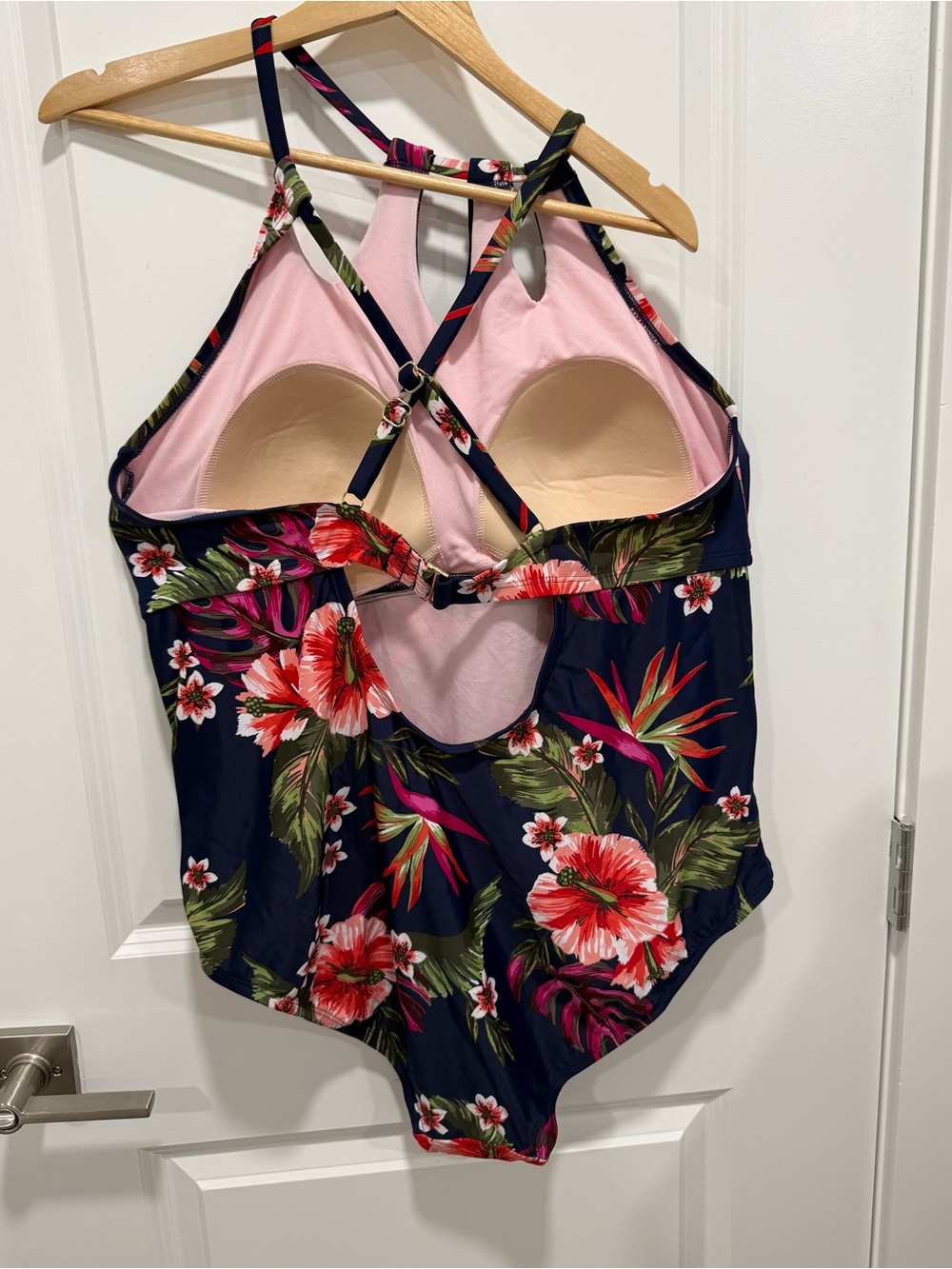 Kona Sol Keyhole Braided Strap One Piece Swimsuit Navy Tropical Hibiscus Size24W - Picture 5 of 7